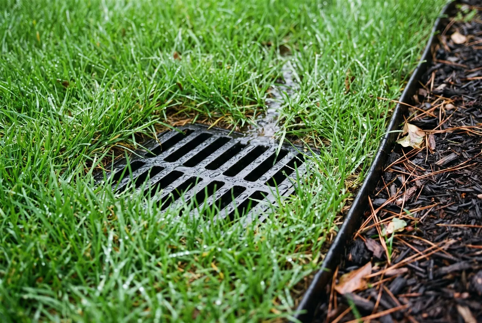 Nahdetail eines Sinkkasten-Ablaufgitters, bündig im grünen Rasen, das Regenwasser sammelt
