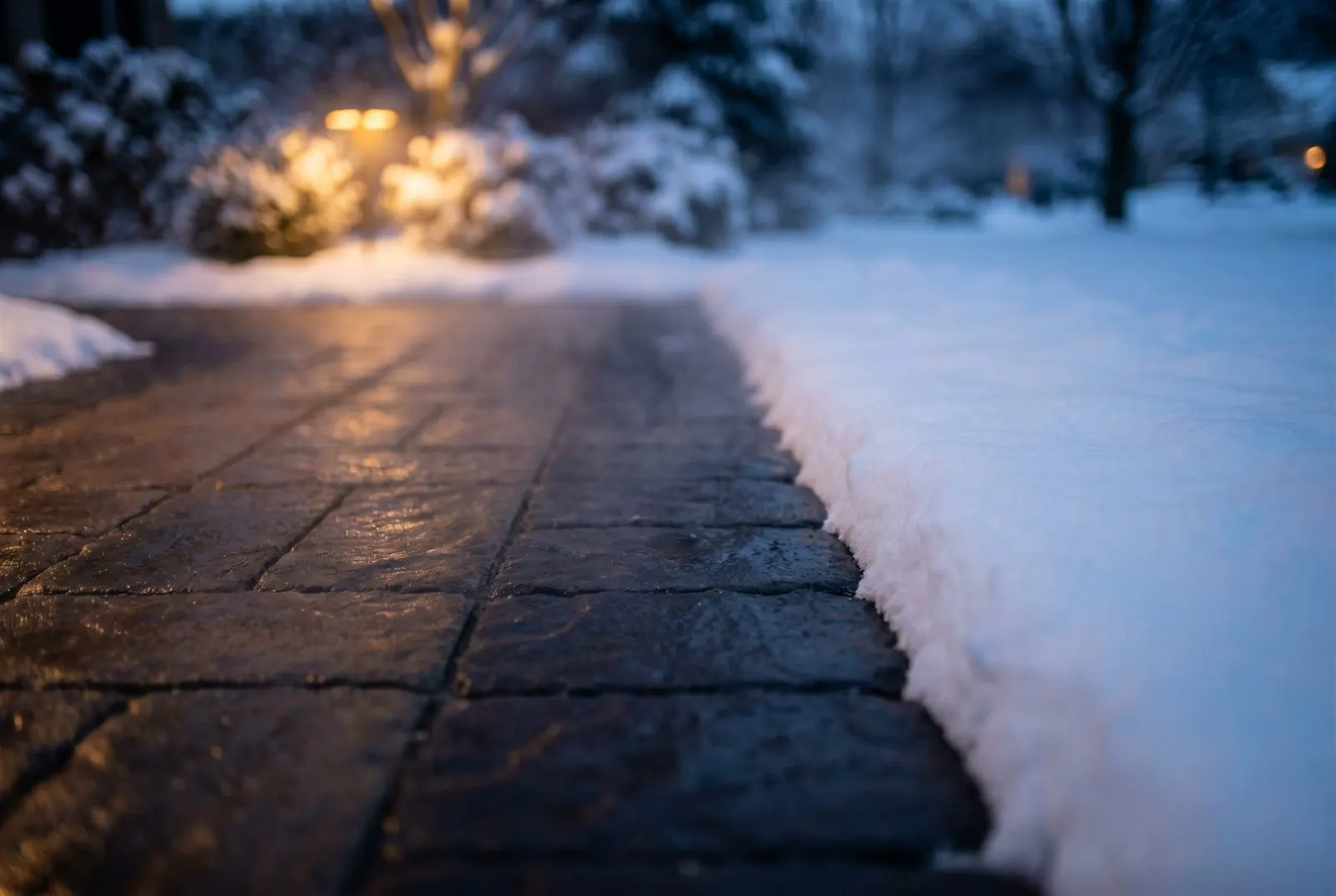 Nahdetail der Schmelzkante einer beheizten Einfahrt, wo freier nasser Belag auf Schnee trifft, in der Dämmerung