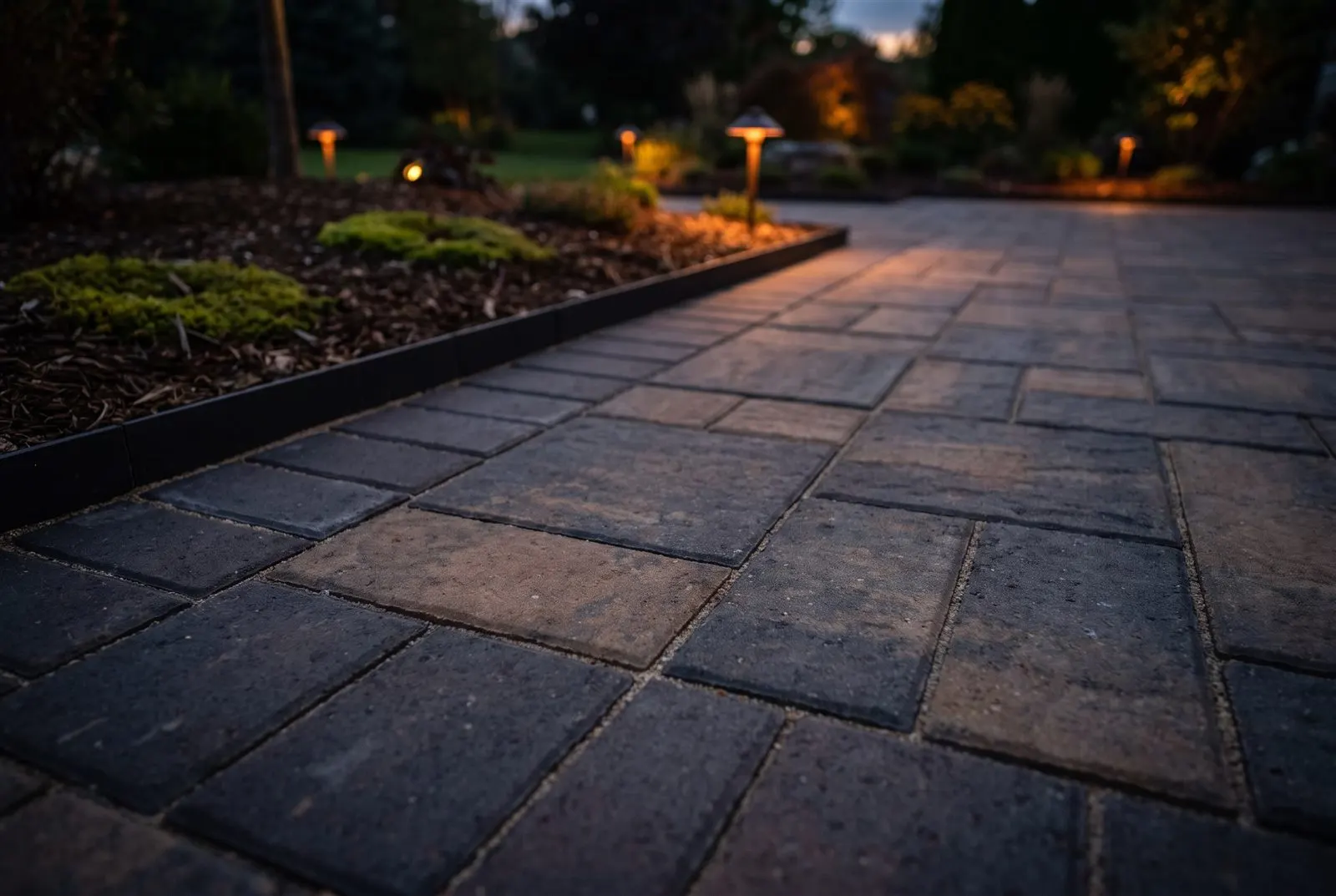 Close detail of tight interlock paver joints, a soldier-course border and crisp edge at dusk