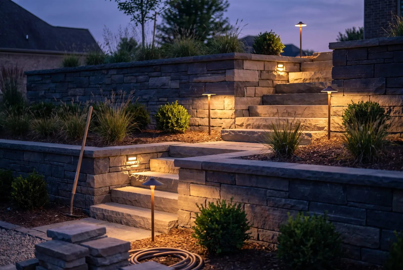 Tiered natural stone retaining walls, steps and warm landscape lighting from a design-build project at dusk