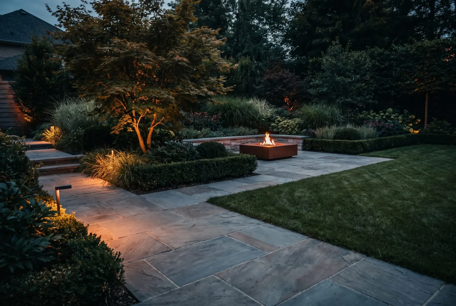 Angelegter Privatgarten in der Dämmerung mit Naturstein-Terrasse, Feuerstelle und warmer Gartenbeleuchtung