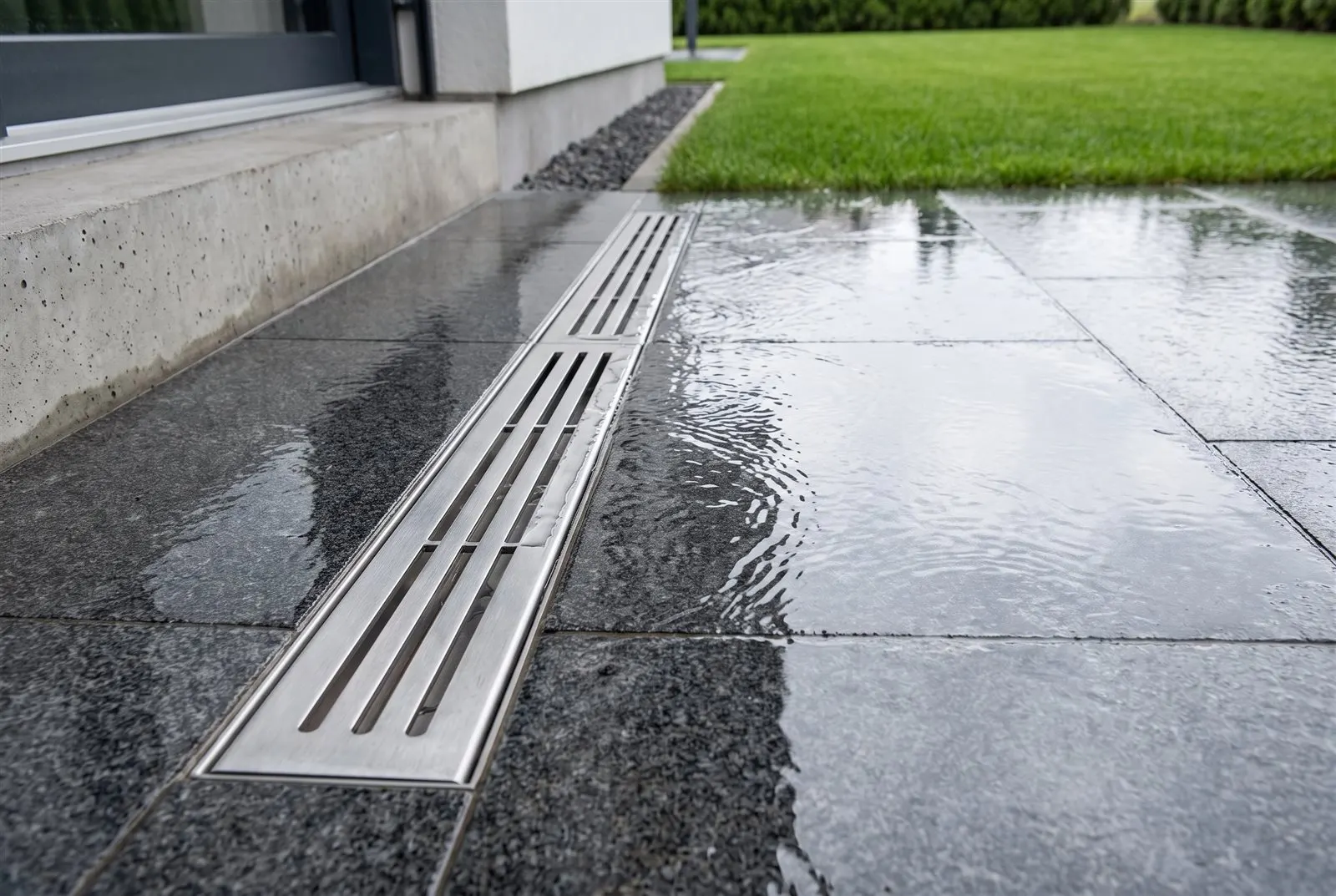 Ein Rinnenablauf an der Terrassenkante, der Regenwasser sauber vom Haus wegführt