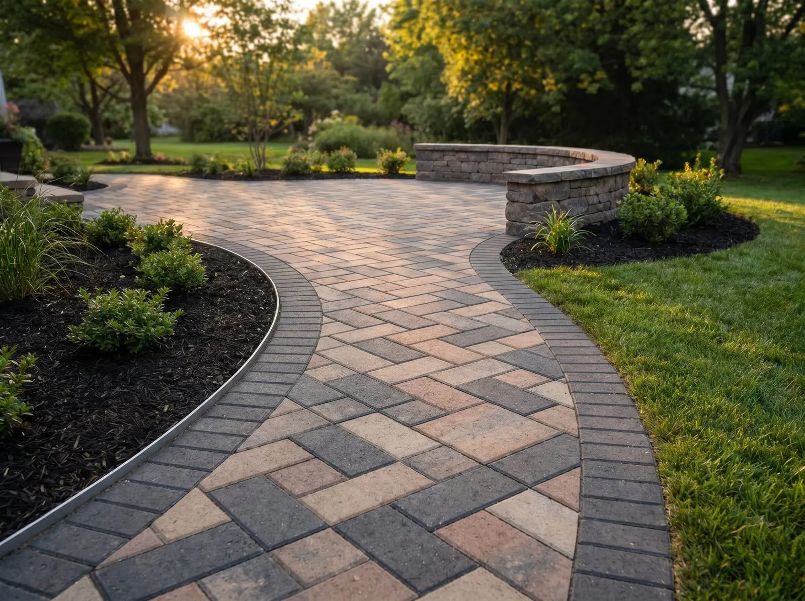 A finished interlock paver patio with a soldier-course border, tight joints and crisp edges