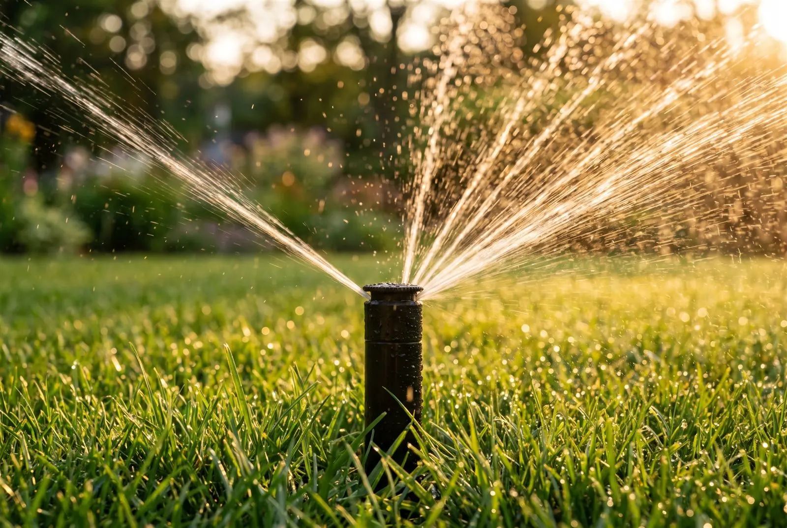 Ein Versenkregner, der Wasser über einen satten grünen Rasen im goldenen Licht verteilt