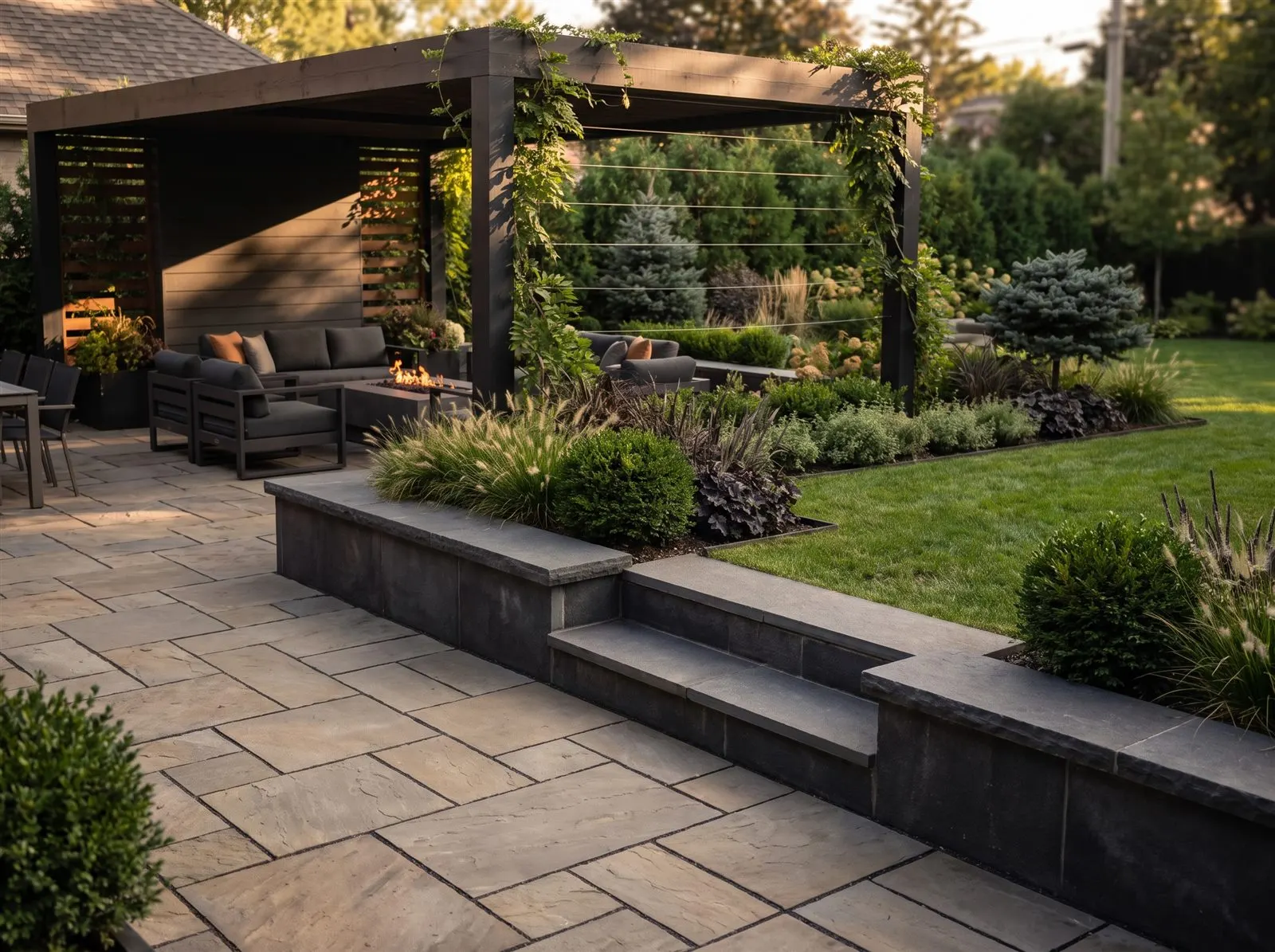 Completed design-build landscape with stone patio, seat wall, pergola and layered planting