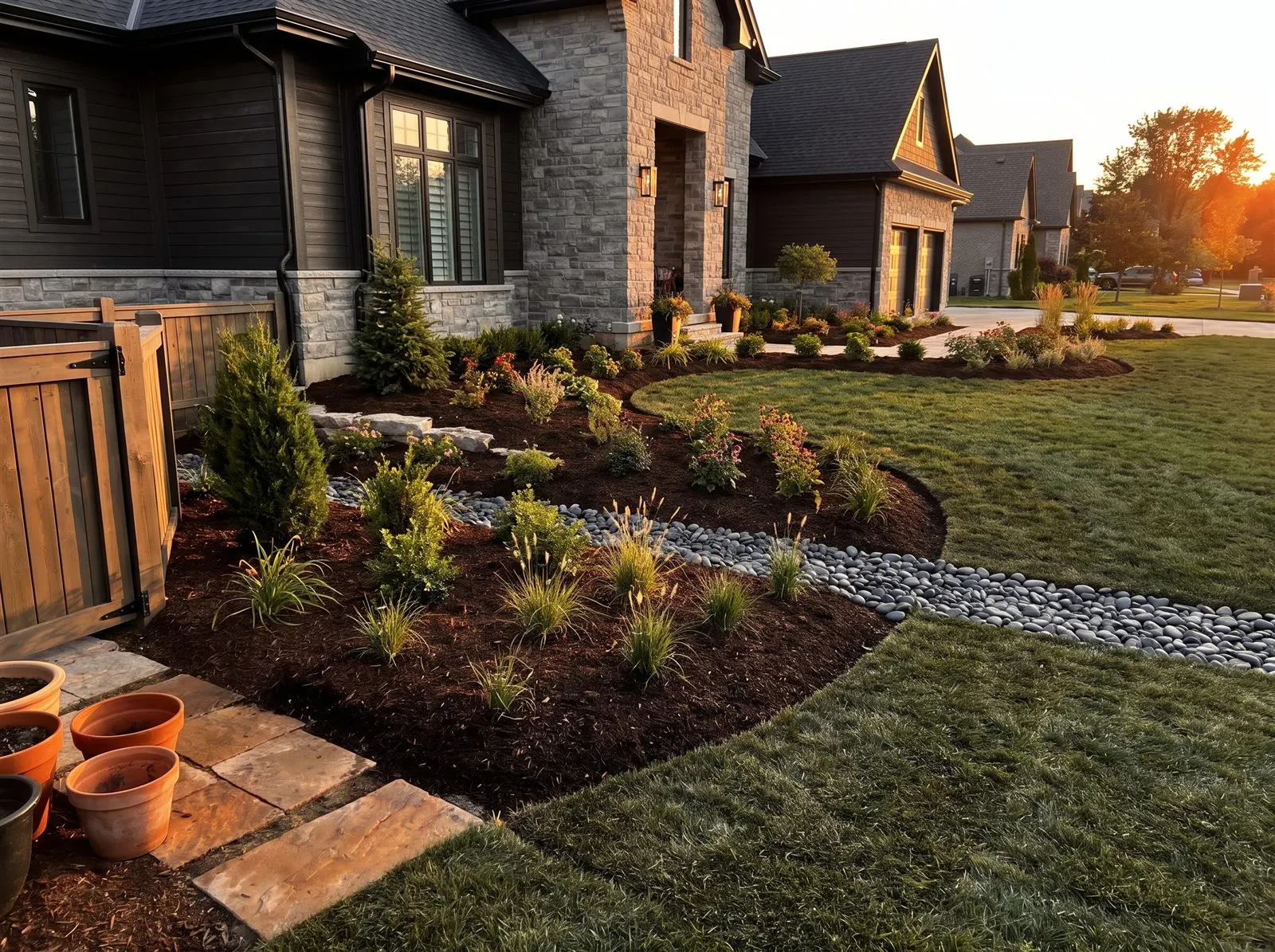 Frisch angelegte Gartenbeete mit mehrschichtiger Bepflanzung, frischem Mulch und sauberen Kanten