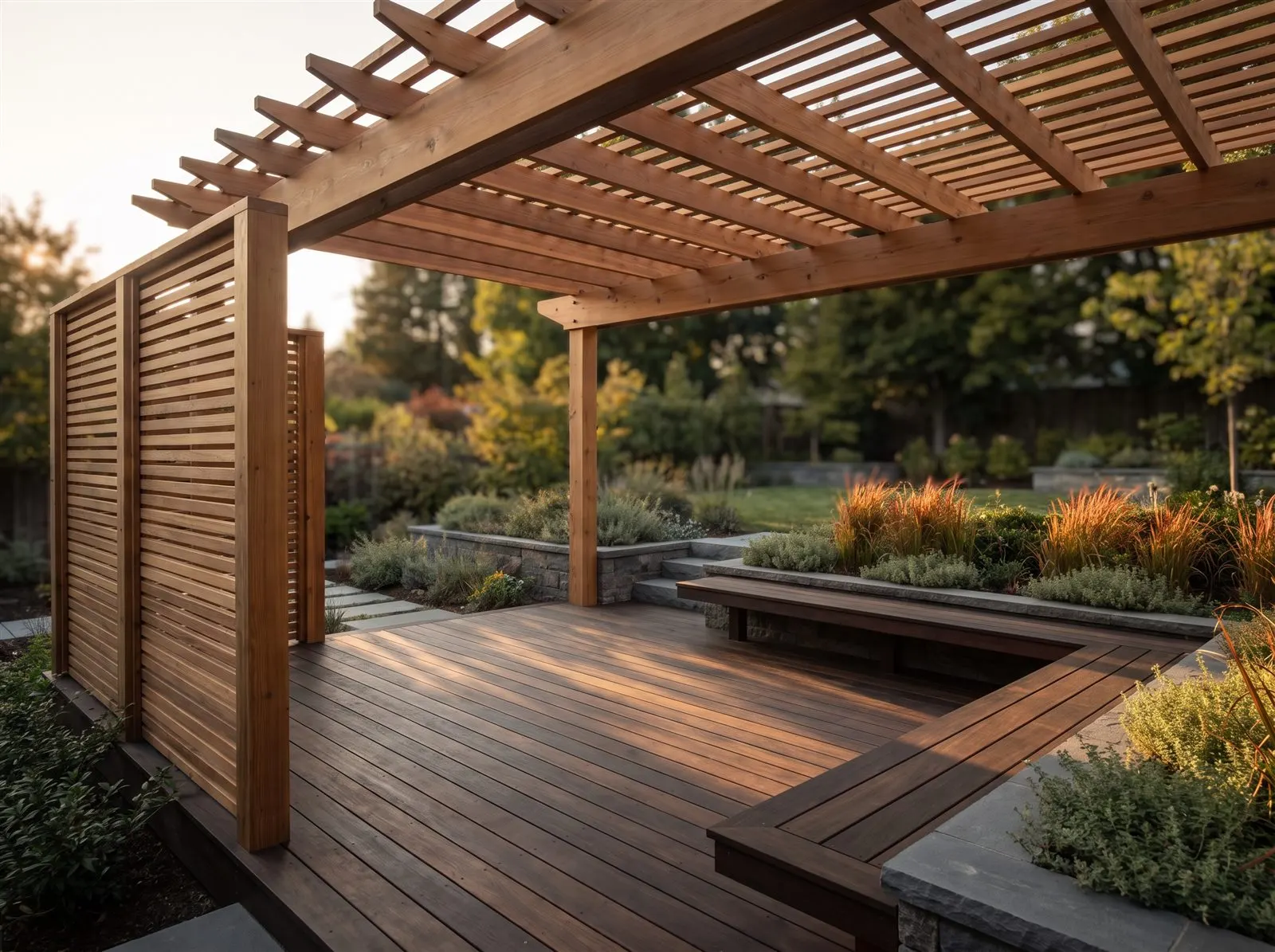 A custom cedar deck and pergola with a slat privacy screen and built-in seating